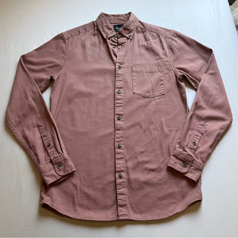 ONLY & SONS mens mauve pink pale cotton long sleeve button up shirt